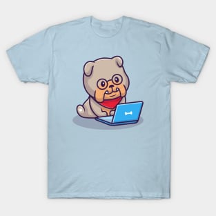 Cute Bulldog Operating Laptop T-Shirt